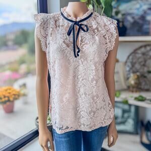 White House Black Market, Light Pink Lace High Neck Ruffled Top, Women's Large
